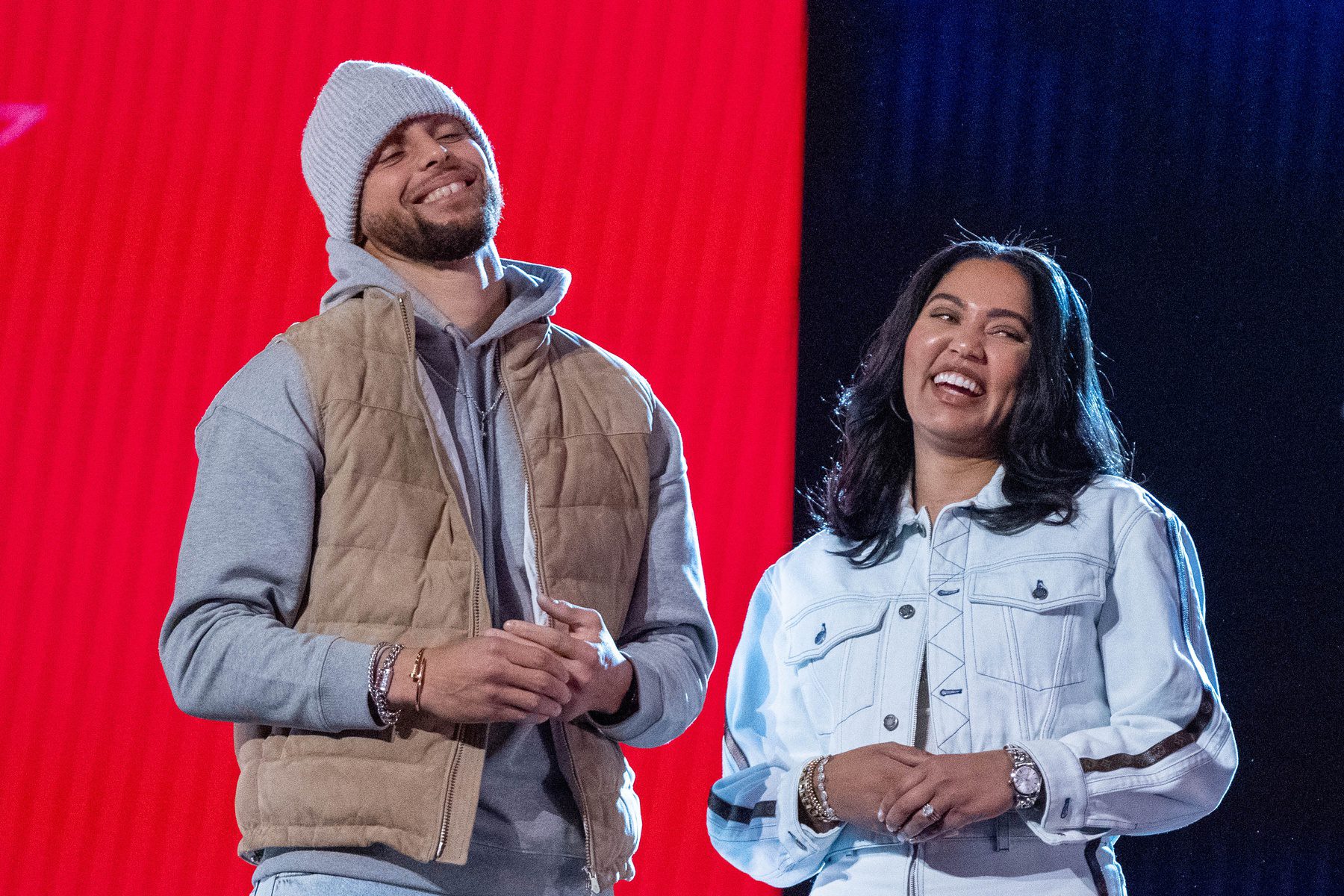 "Goodness Gracious": Steph Curry's Wife Ayesha Curry Reacts To Warriors Star's All-Black Look Before Game 2 Vs Rockets 2 February 19, 2022; Cleveland, OH, USA; Golden State Warriors guard Stephen Curry (30) and wife Ayesha Curry (right) during the 2022 NBA All-Star Saturday Night at Rocket Mortgage Field House. Mandatory Credit: Kyle Terada-USA TODAY Sports