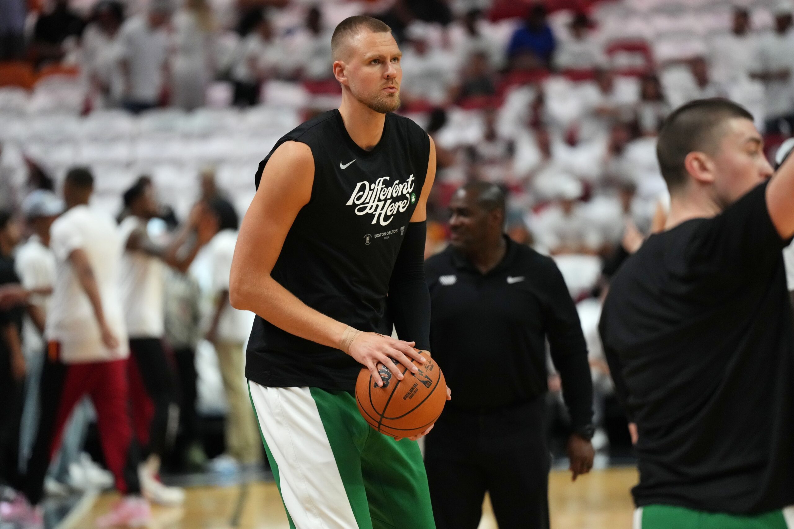 Boston Celtics: Kristaps Porzingis' Expected Return Date From His "Rare" Leg Injury Revealed by 1 Insider 2 Apr 27, 2024; Miami, Florida, USA; Boston Celtics center Kristaps Porzingis (8) warms-up before game three of the first round for the 2024 NBA playoffs against the Miami Heat at Kaseya Center. Mandatory Credit: Jim Rassol-USA TODAY Sports
