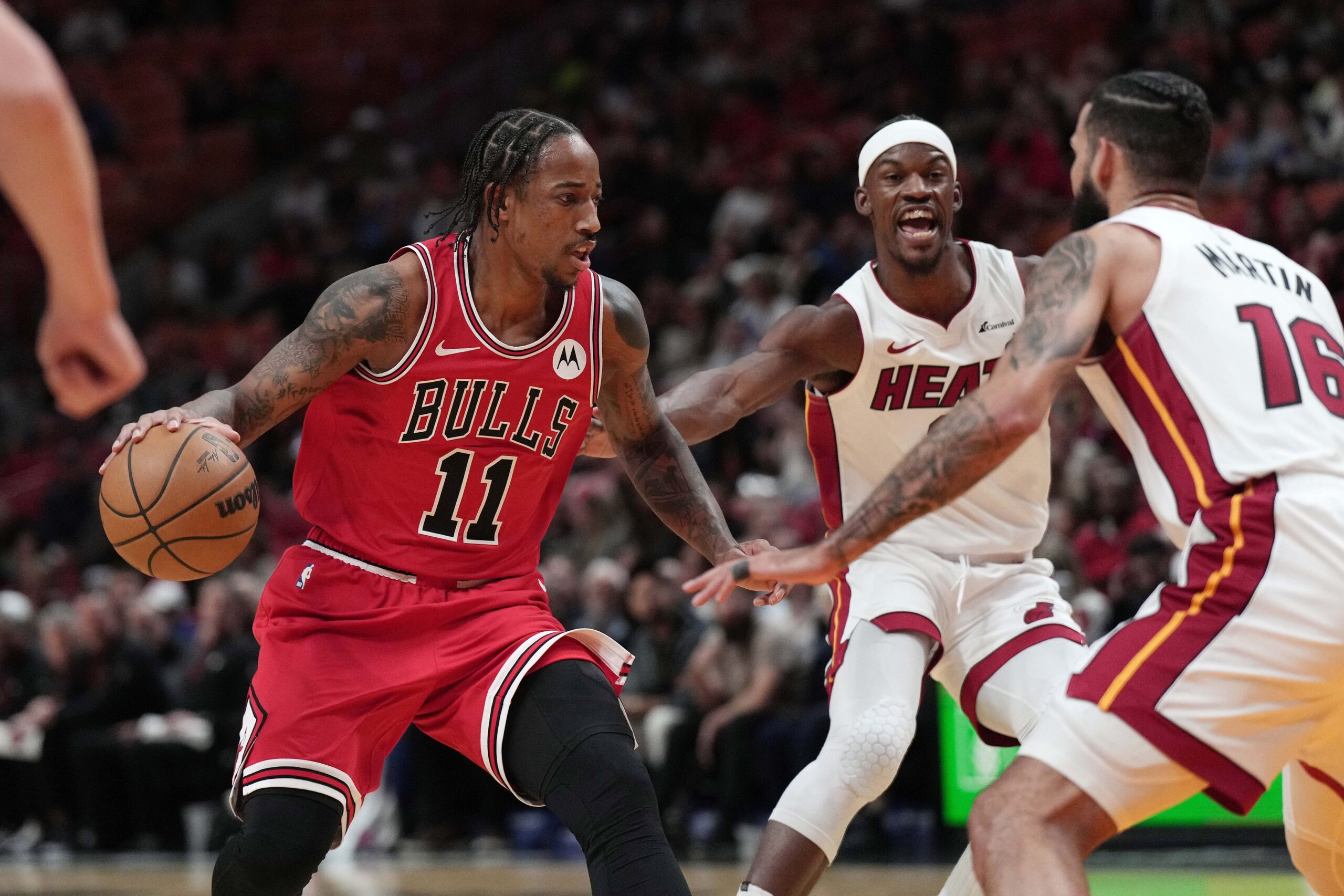 DeMar DeRozan Generates Wild Buzz After Surprise Cameo On Kendrick Lamar's Latest Music Video 2 Dec 14, 2023; Miami, Florida, USA; Chicago Bulls forward DeMar DeRozan (11) drives toward the basket as Miami Heat forward Caleb Martin (16) defends during the first half at Kaseya Center. Mandatory Credit: Jim Rassol-USA TODAY Sports