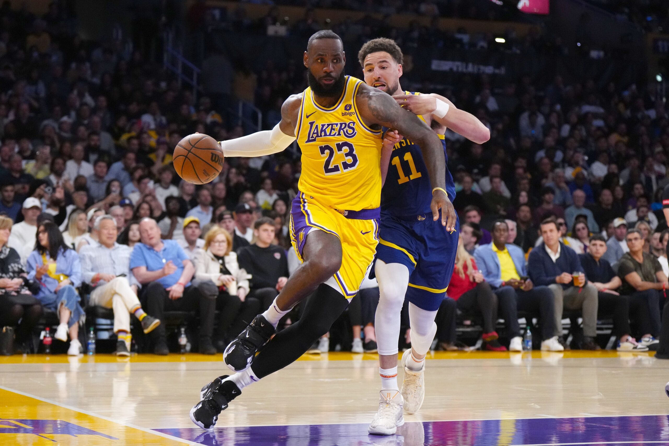 Los Angeles Lakers: LeBron James Gets 100% Honest on How He Wants to be Remembered 1 Apr 9, 2024; Los Angeles, California, USA; Los Angeles Lakers forward LeBron James (23) drives to the basket against Golden State Warriors guard Klay Thompson (11) in the first half at Crypto.com Arena. Mandatory Credit: Kirby Lee-USA TODAY Sports