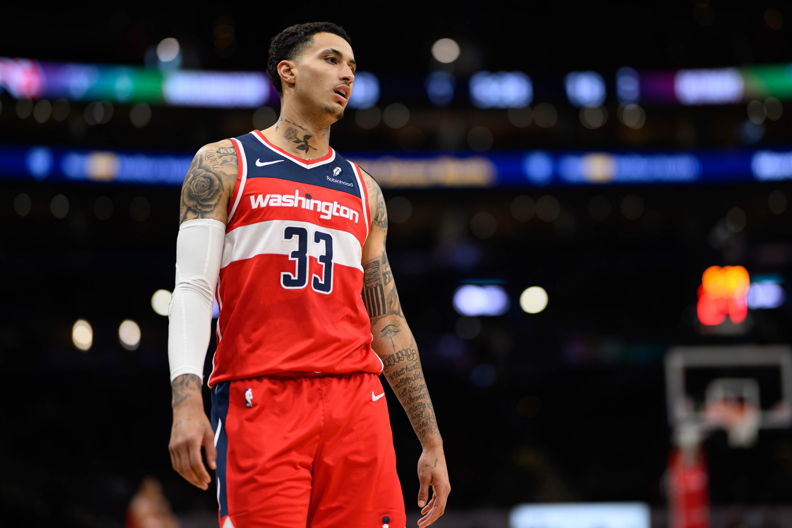 Milwaukee Bucks: Khris Middleton and Kyle Kuzma Trade Shocks Fans 2 Washington Wizards, Kyle Kuzma, Miami HeatMar 29, 2024; Washington, District of Columbia, USA; Washington Wizards forward Kyle Kuzma (33) looks on during the third quarter against the Detroit Pistons at Capital One Arena. Mandatory Credit: Reggie Hildred-USA TODAY Sports
