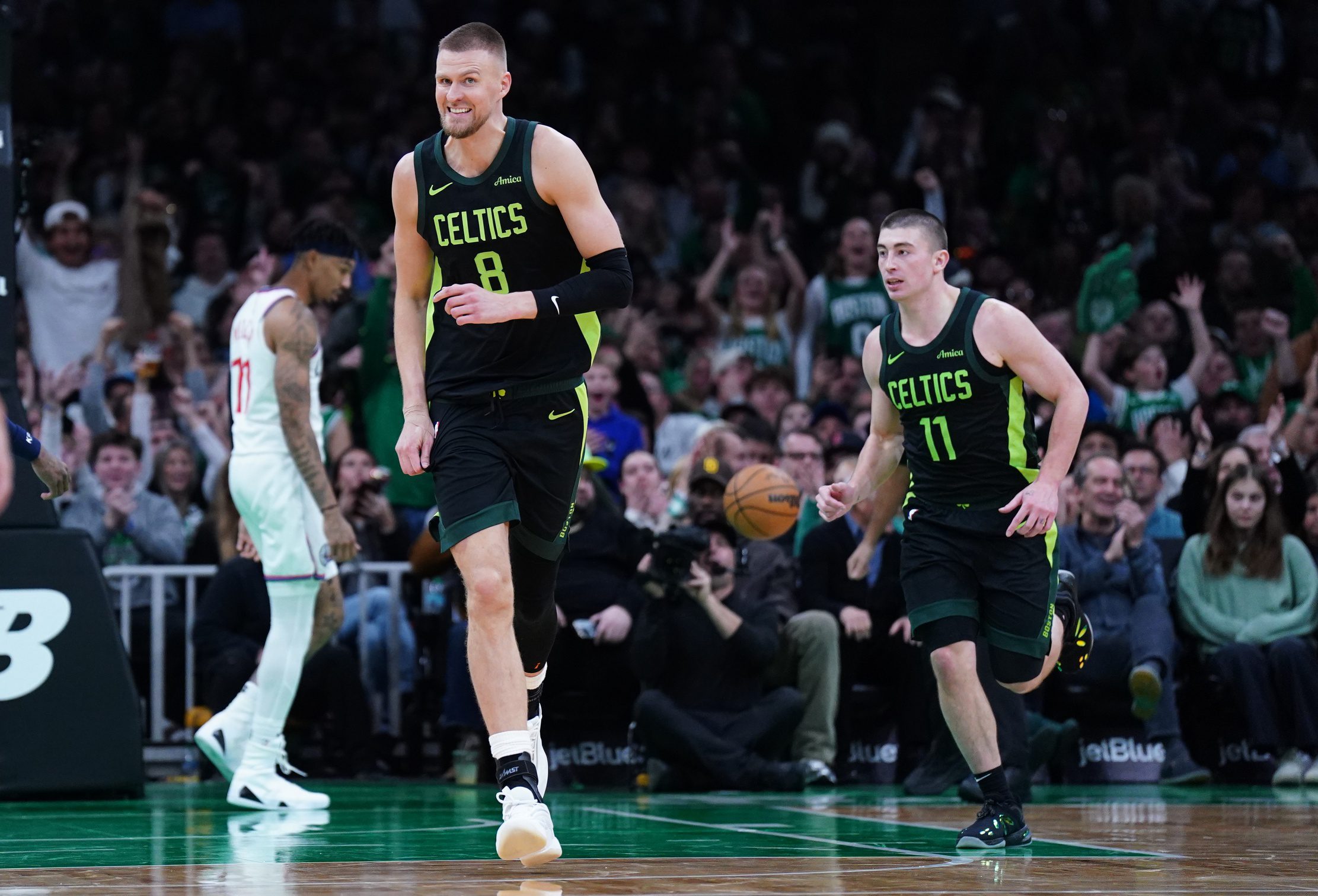 Boston Celtics Make Big Kristaps Porzingis Announcement Ahead of Game 2 Vs. New York Knicks 3 Boston Celtics center Kristaps Porzingis (8) reacts after his basket with help from guard Payton Pritchard (11) against the LA Clippers in the second half at TD Garden.