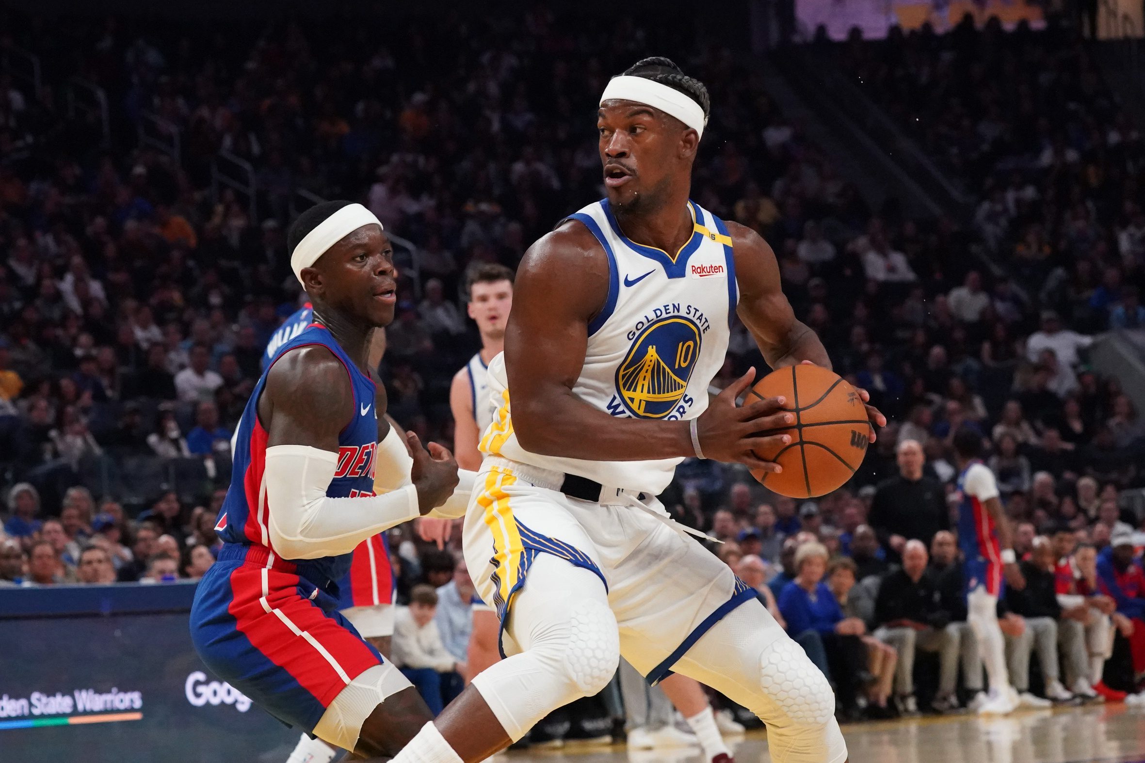 Detroit Pistons Reportedly Want to Re-Sign Dennis Schroder Ahead of 2025 Free Agency, Per Insider 1 Mar 8, 2025; San Francisco, California, USA; Golden State Warriors forward Jimmy Butler III (10) drives against Detroit Pistons guard Dennis Schroder (71) in the second quarter at Chase Center. Mandatory Credit: David Gonzales-Imagn Images