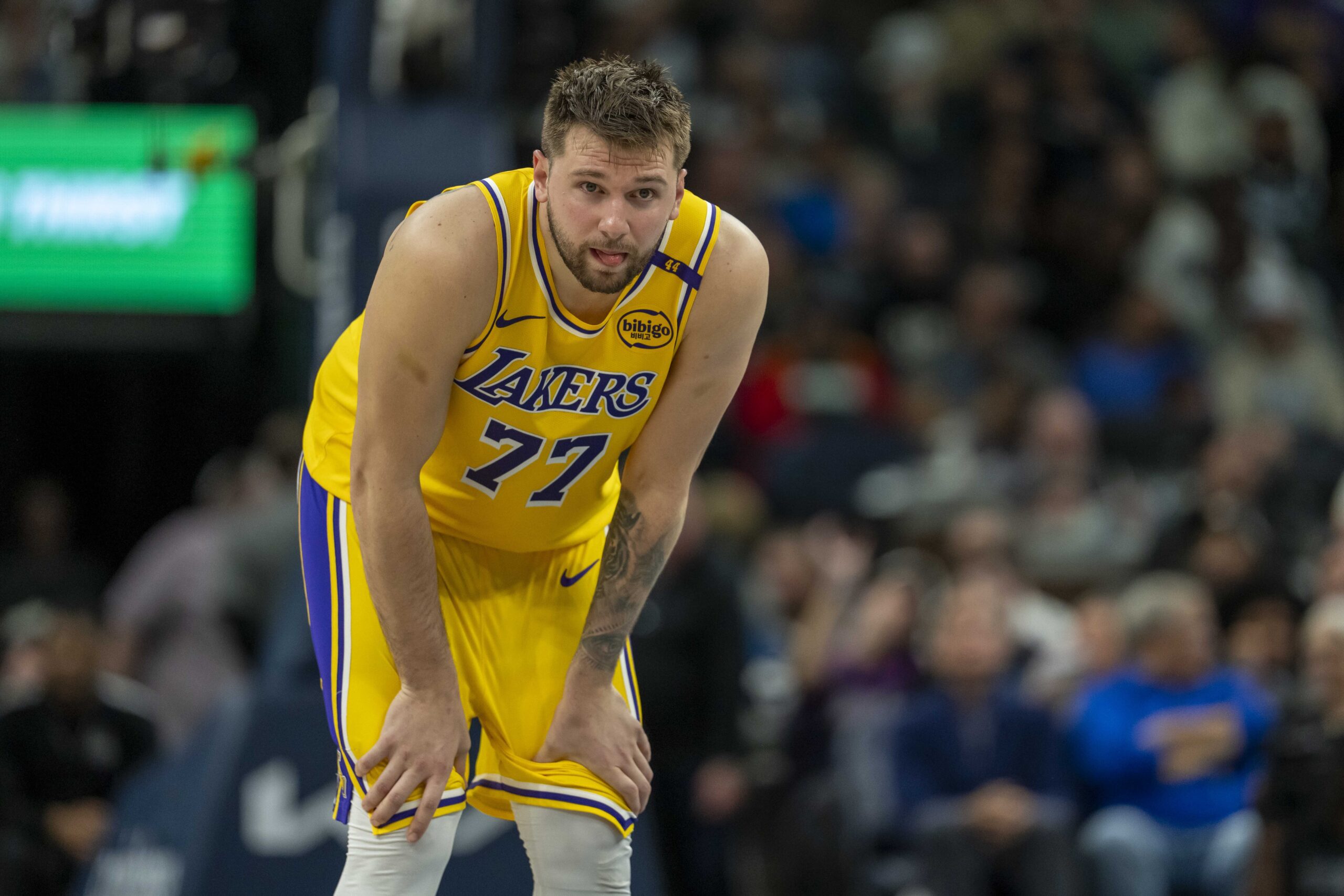 Los Angeles Lakers' Jaxson Hayes Didn't Have a Problem With JJ Redick's Decision In Game 5 3 Los Angeles Lakers guard Luka Doncic (77) looks on against the Minnesota Timberwolves in the first half during game three of first round for the 2024 NBA Playoffs at Target Center.