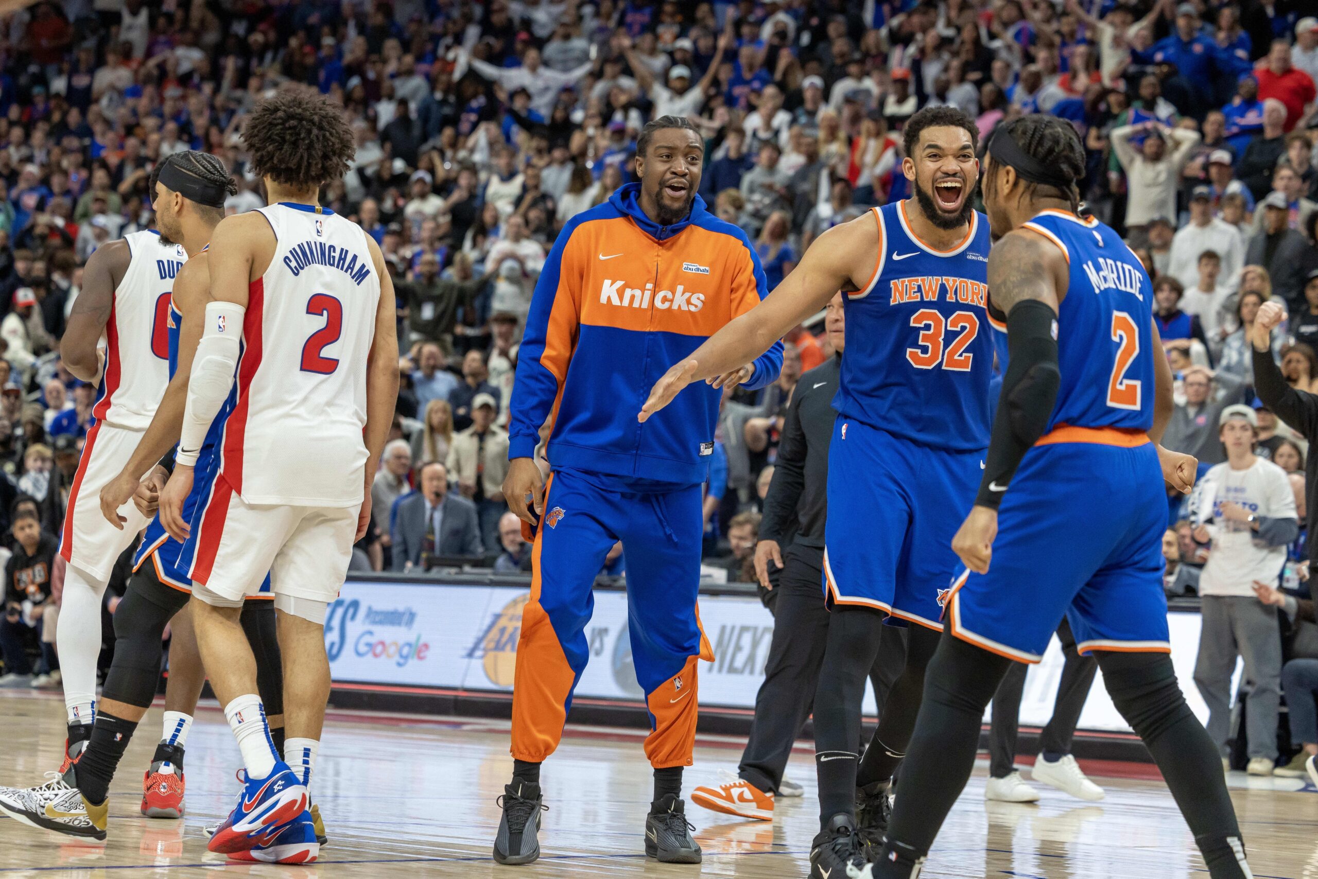 Detroit Pistons: Ausar Thompson Draws Honest Admission From 1 New York Knicks Star 2 Detroit Pistons guard Cade Cunningham (2) walks away as New York Knicks center Karl-Anthony Towns (32) celebrates the win during game four of first round for the 2025 NBA Playoffs at Little Caesars Arena.