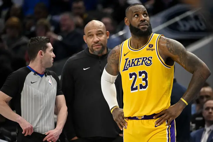 Dec 12, 2023; Dallas, Texas, USA; Los Angeles Lakers head coach Darvin Ham and forward LeBron James (23) during the game between the Dallas Mavericks and the Los Angeles Lakers at the American Airlines Center. Mandatory Credit: Jerome Miron-USA TODAY Sports