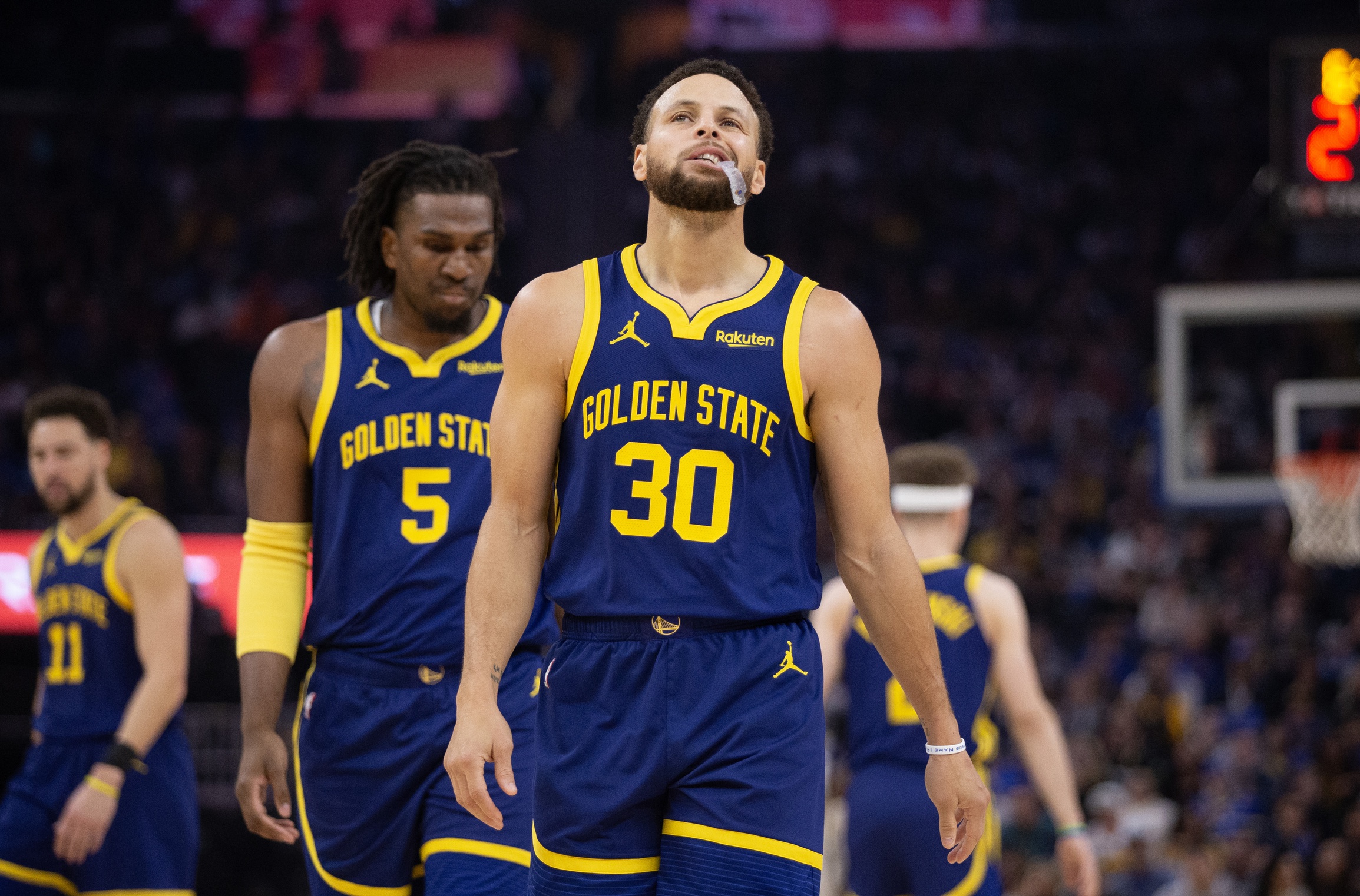 Dec 30, 2023; San Francisco, California, USA; Golden State Warriors guard Stephen Curry (30) reacts after missing a 3-point basket attempt against the Dallas Mavericks during the first quarter at Chase Center. Mandatory Credit: D. Ross Cameron-USA TODAY Sports