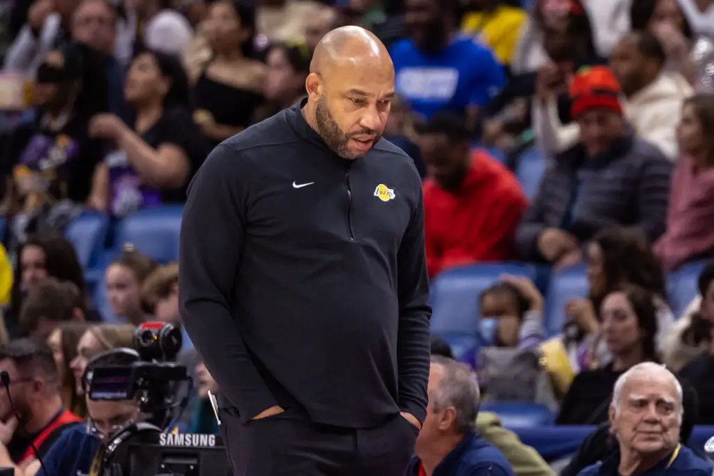 Dec 31, 2023; New Orleans, Louisiana, USA; Los Angeles Lakers head coach Darvin Ham reacts to a play against the New Orleans Pelicans during the first half at Smoothie King Center. Mandatory Credit: Stephen Lew-USA TODAY Sports