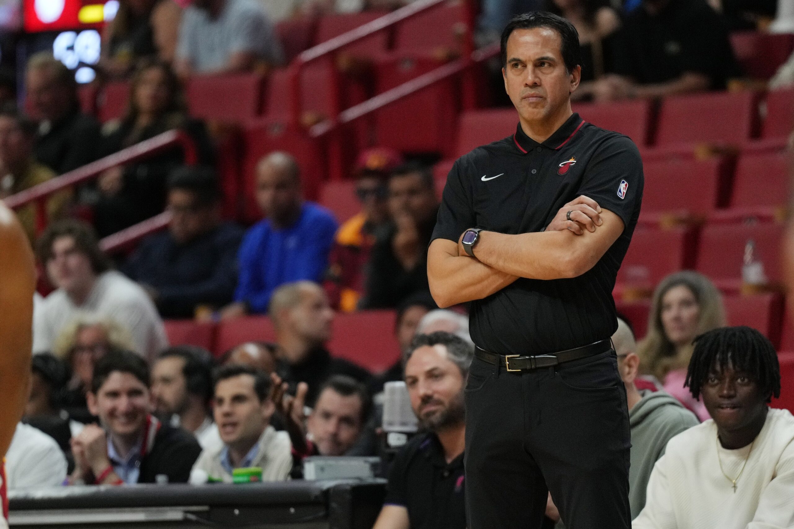 Jan 8, 2024; Miami, Florida, USA; Miami Heat head coach Erik Spoelstra looks on during the game against the Houston Rockets during the first half at Kaseya Center. Mandatory Credit: Jim Rassol-USA TODAY Sports
