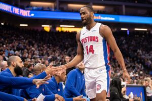 Feb 7, 2024; Sacramento, California, USA; Detroit Pistons guard Alec Burks (14) high fives team mates after coming out of the game during the second quarter at Golden 1 Center. Mandatory Credit: Ed Szczepanski-USA TODAY Sports