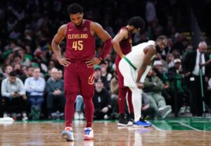 Dec 14, 2023; Boston, Massachusetts, USA; Cleveland Cavaliers guard Donovan Mitchell (45) on the court against the Boston Celtics in the second half at TD Garden. Mandatory Credit: David Butler II-USA TODAY Sports