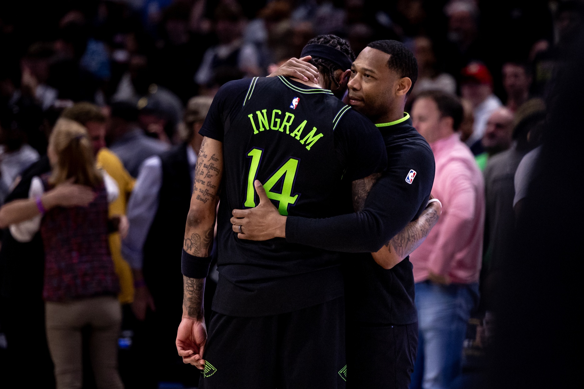Mar 15, 2024; New Orleans, Louisiana, USA; New Orleans Pelicans head coach Willie Green talks with forward Brandon Ingram (14) after the game against the LA Clippers at Smoothie King Center. Mandatory Credit: Stephen Lew-USA TODAY Sports