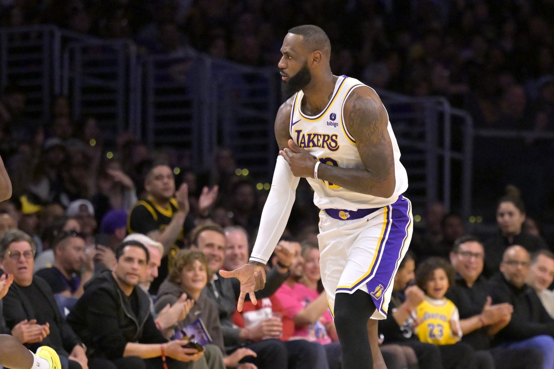 Mar 24, 2024; Los Angeles, California, USA; Los Angeles Lakers forward LeBron James (23) reacts after a three point basket in the first half against the Indiana Pacers at Crypto.com Arena. Mandatory Credit: Jayne Kamin-Oncea-USA TODAY Sports