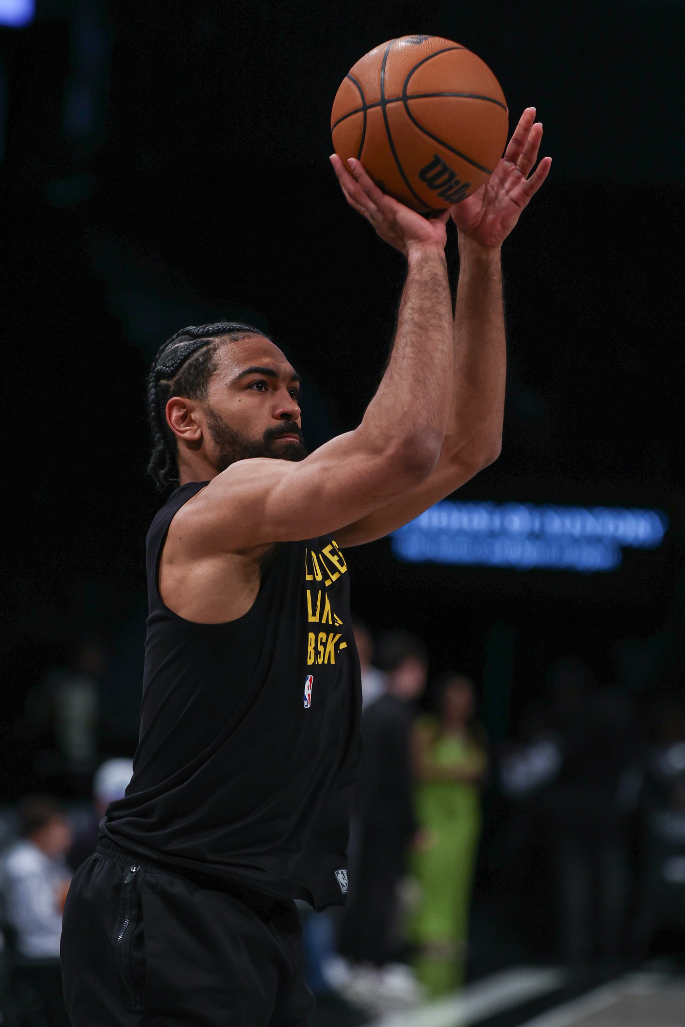 Mar 31, 2024; Brooklyn, New York, USA; Los Angeles Lakers guard Gabe Vincent (7) warms up before the game against the Brooklyn Nets at Barclays Center. Mandatory Credit: Vincent Carchietta-USA TODAY Sports