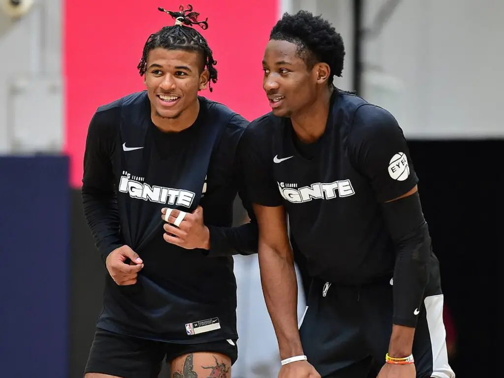 G-League Ignite players Jalen Green and Jonathan Kuminga stand at center court. Mandatory Credit: Noah Graham Getty Image