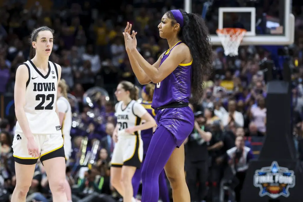 Recapping the 2024 WNBA Draft 2 Apr 2, 2023; Dallas, TX, USA; LSU Lady Tigers forward Angel Reese (10) gestures towards Iowa Hawkeyes guard Caitlin Clark (22) in the second half during the final round of the Women's Final Four NCAA tournament at the American Airlines Center. Mandatory Credit: Kevin Jairaj-USA TODAY Sports