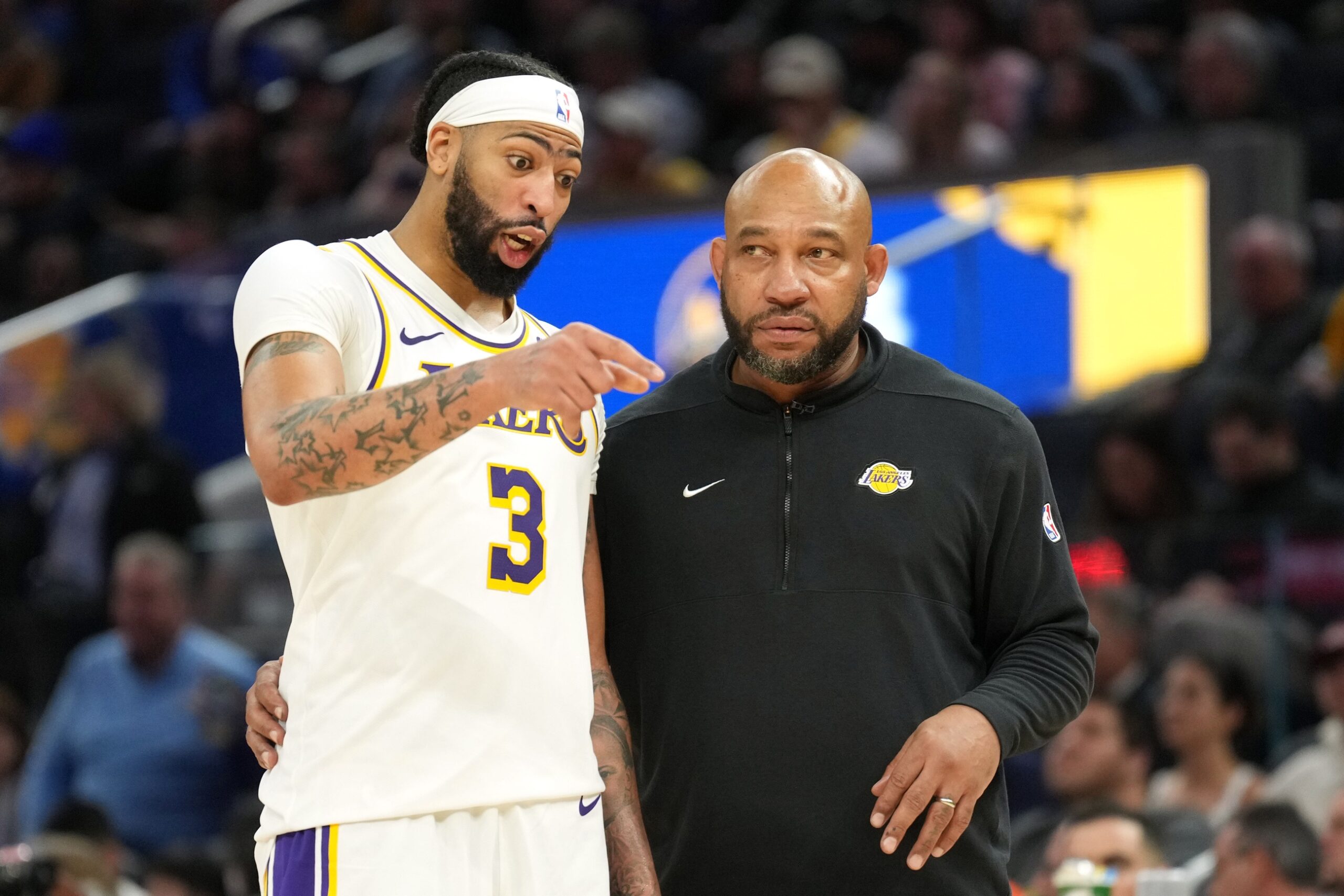 Jan 27, 2024; San Francisco, California, USA; Los Angeles Lakers forward Anthony Davis (3) talks with head coach Darvin Ham (right) during the second overtime against the Golden State Warriors at Chase Center. Mandatory Credit: Darren Yamashita-USA TODAY Sports