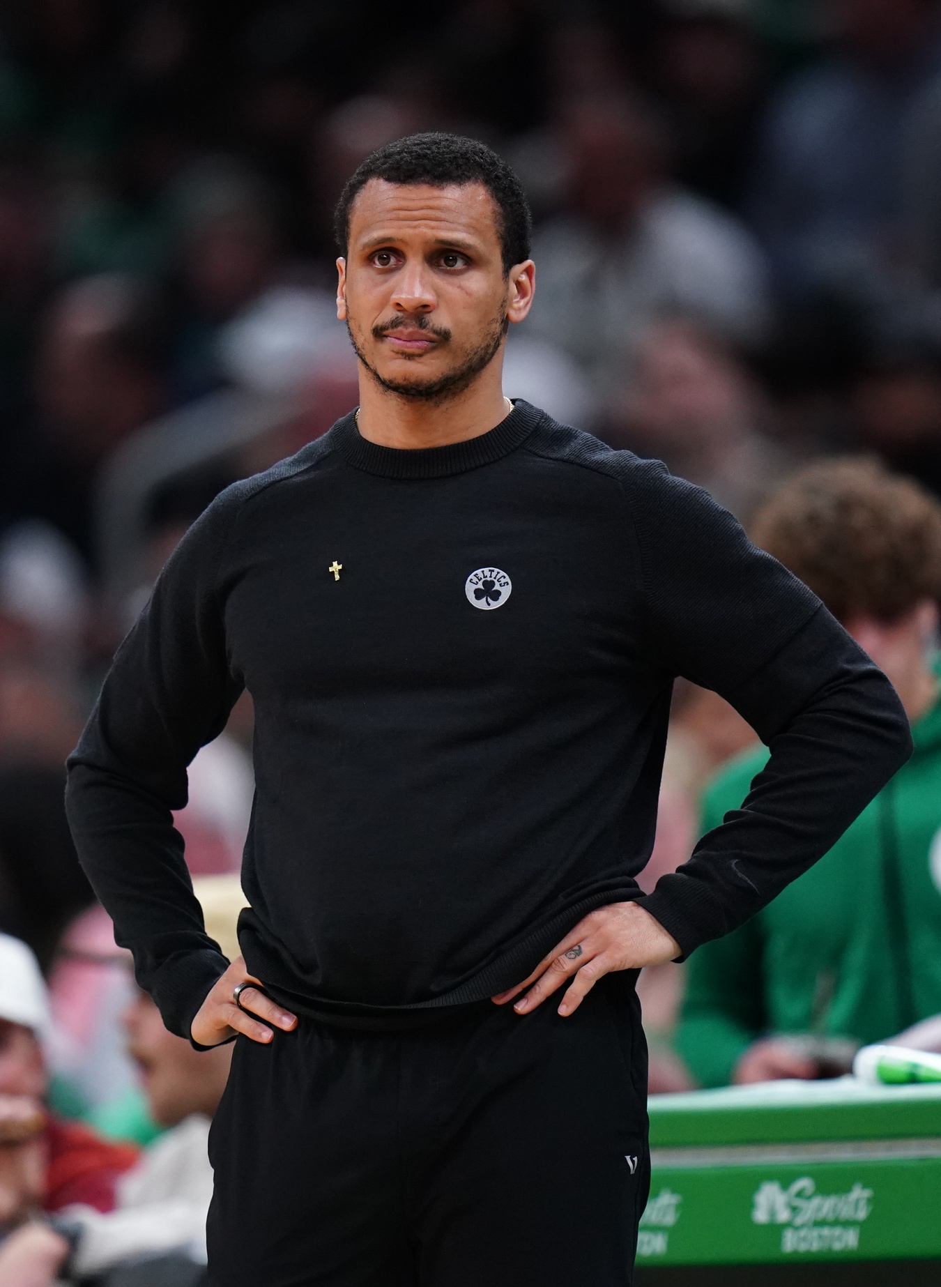 Apr 12, 2024; Boston, Massachusetts, USA; Boston Celtics head coach Joe Mazzulla watches from the sideline as they take on the Charlotte Hornets at TD Garden. Mandatory Credit: David Butler II-USA TODAY Sports