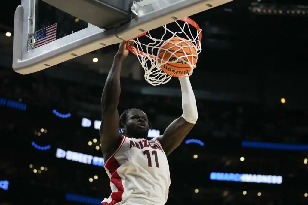Arizona center Oumar Ballo (11) dunks during the second half of a Sweet 16 college basketball game against Clemson in the NCAA tournament Thursday, March 28, 2024, in Los Angeles. (AP Photo/Ashley Landis) (Ashley Landis / Associated Press)