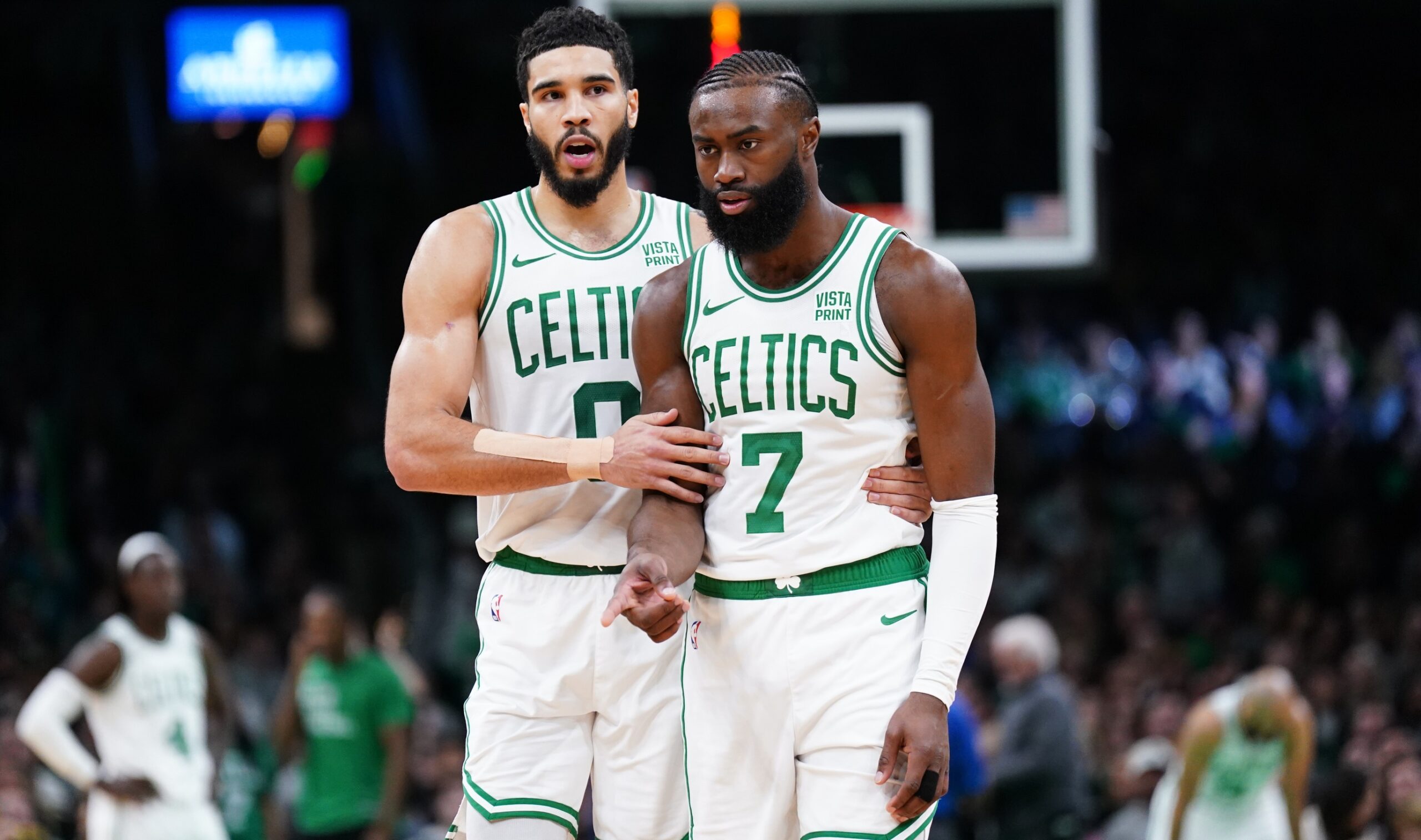 Dec 14, 2023; Boston, Massachusetts, USA; Boston Celtics forward Jayson Tatum (0) and guard Jaylen Brown (7) on the court against the Cleveland Cavaliers in the second half at TD Garden. Mandatory Credit: David Butler II-USA TODAY Sports
