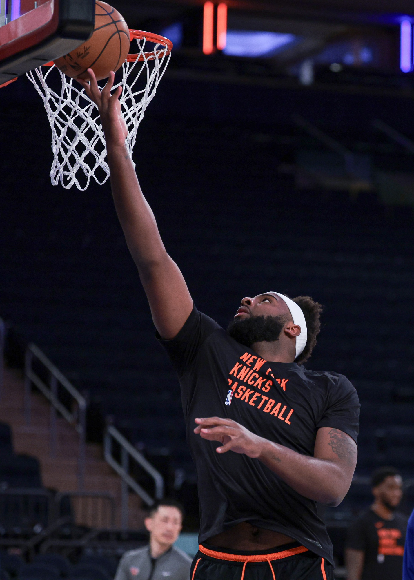 Apr 22, 2024; New York, New York, USA;  New York Knicks center Mitchell Robinson (23) warms up before game two of the first round for the 2024 NBA playoffs against the Philadelphia 76ers during at Madison Square Garden. Mandatory Credit: Vincent Carchietta-USA TODAY Sports