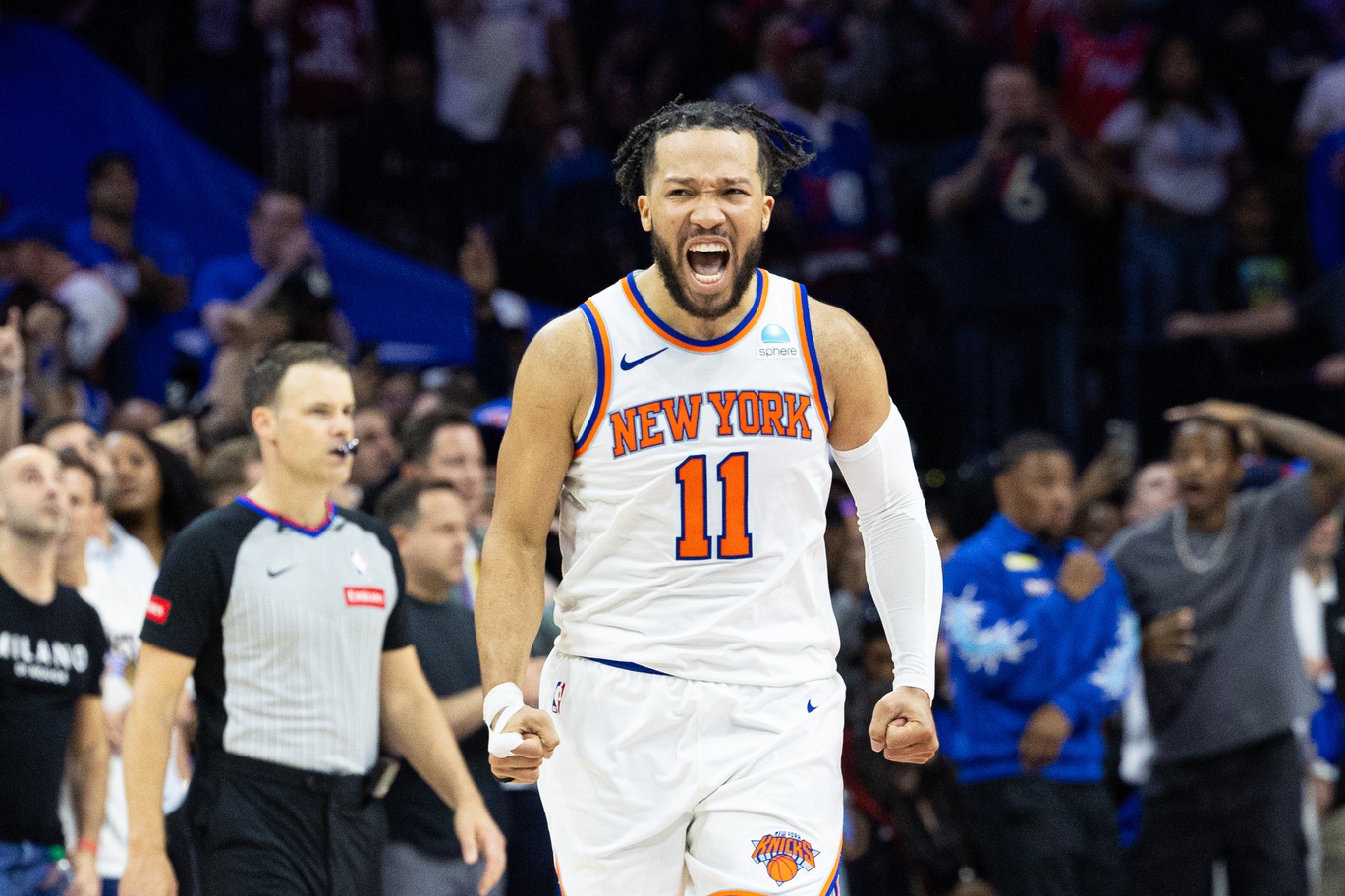 May 2, 2024; Philadelphia, Pennsylvania, USA; New York Knicks guard Jalen Brunson (11) reacts after a score against the Philadelphia 76ers during the second half of game six of the first round for the 2024 NBA playoffs at Wells Fargo Center. Mandatory Credit: Bill Streicher-USA TODAY Sports