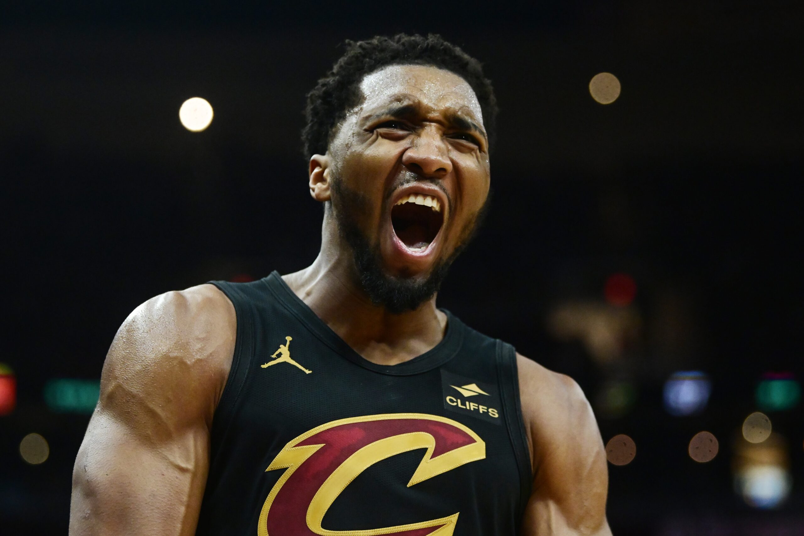 May 5, 2024; Cleveland, Ohio, USA; Cleveland Cavaliers guard Donovan Mitchell (45) reacts after a basket during the second half against the Orlando Magic in game seven of the first round for the 2024 NBA playoffs at Rocket Mortgage FieldHouse. Mandatory Credit: Ken Blaze-USA TODAY Sports