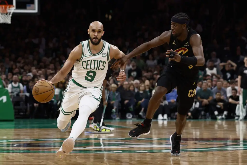 2023-24 NBA Playoffs: Every Remaining Team's X-Factor Player 3 May 7, 2024; Boston, Massachusetts, USA; Boston Celtics guard Derrick White (9) drives on Cleveland Cavaliers guard Caris LeVert (3) during the third quarter of game one of the second round of the 2024 NBA playoffs at TD Garden. Mandatory Credit: Winslow Townson-USA TODAY Sports