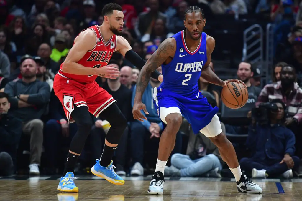 LA Clippers: Zach LaVine Emerges In Recent NBA Trade Rumors 1 Mar 27, 2023; Los Angeles, California, USA; Los Angeles Clippers forward Kawhi Leonard (2) moves the ball against Chicago Bulls guard Zach LaVine (8) during the first half at Crypto.com Arena. Mandatory Credit: Gary A. Vasquez-USA TODAY Sports