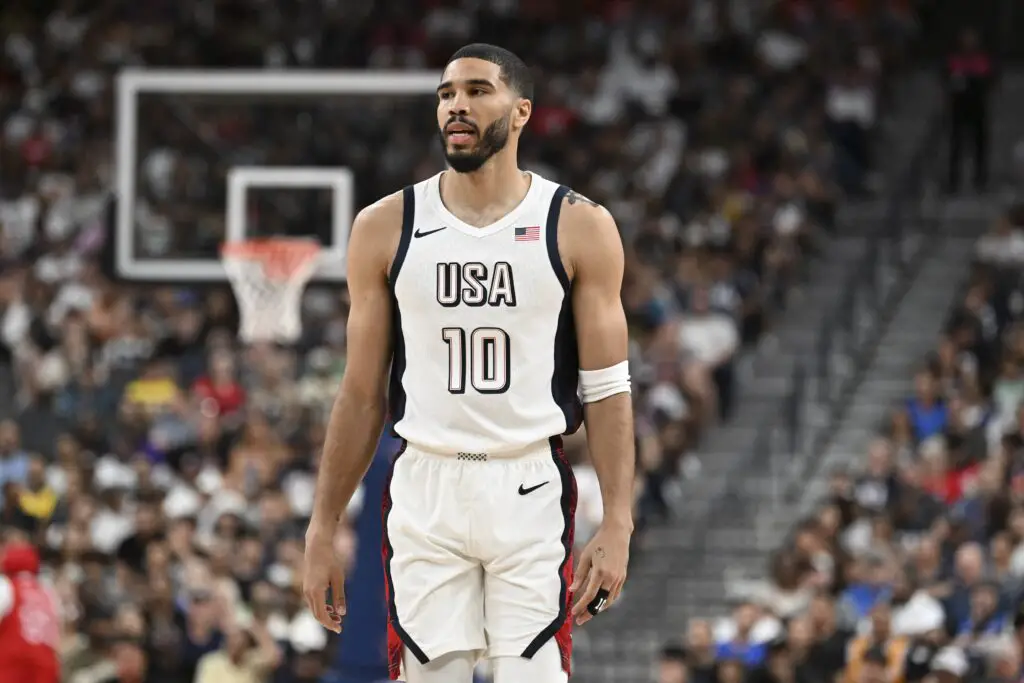 Jayson Tatum Speaks Out On Team USA Benching And Steve Kerr Rotations In 2024 Paris Olympics 3 Jul 10, 2024; Las Vegas, Nevada, USA; USA forward Jayson Tatum (10) looks on in the third quarter against Canada in the USA Basketball Showcase at T-Mobile Arena. Mandatory Credit: Candice Ward-USA TODAY Sports