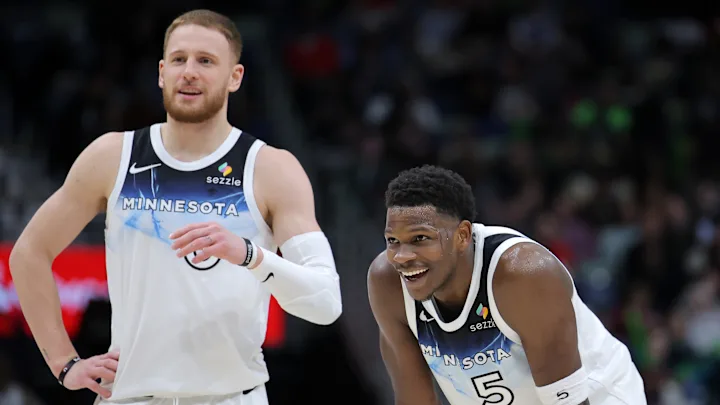 Los Angeles Lakers Legend Gets 100% Honest About Biggest Threat in Timberwolves Series 2 Donte DiVincenzo and Anthony Edwards look on during an NBA game. Jonathan Bachman/GettyImages