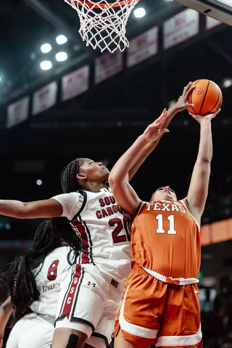South Carolina STIFLES Texas Offense, SECURING Impressive Victory over #5 Texas 1 #20 Sania Feagin of the South Carolina gamecocks blocks Texas' #11 Justice Carlton during a game on January 12th, 2025.