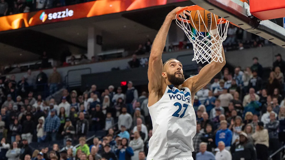 Minnesota Timberwolves: Rudy Gobert Joins Exclusive Group After Bonkers Stat Line in Game 5 Vs. Los Angeles Lakers 3 Feb 8, 2025; Minneapolis, Minnesota, USA; Minnesota Timberwolves center Rudy Gobert (27) dunks against the Portland Trail Blazers late in the fourth quarter at Target Center. / Matt Blewett-Imagn Images