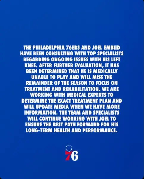 NBA Legend Delivers Condemning Blistering Verdict on Embiid News 1 Philadelphia 76ers training staff came out with this press release on X, detailing the severity of Joel Embiid's injury