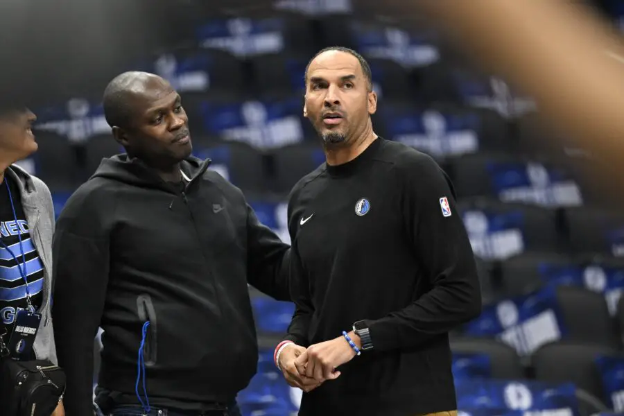 NBA Stars LeBron James and Kevin Love React to Dallas Mavericks Winning 2025 NBA Draft Lottery 4 Dallas Mavericks general manager Nico Harrison (right) looks on during warms up before the game between the Dallas Mavericks and the Memphis Grizzlies at the American Airlines Center.