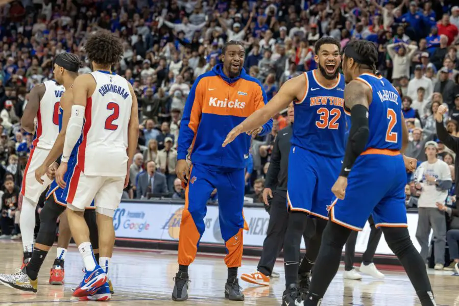 'There's Contact': Ref Admits He Screwed Detroit Pistons In Knicks' Win, Coach Slams Refs 2 Detroit Pistons guard Cade Cunningham (2) walks away as New York Knicks center Karl-Anthony Towns (32) celebrates the win during game four of first round for the 2025 NBA Playoffs at Little Caesars Arena.
