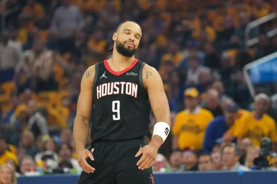 Golden State Warriors: Jimmy Butler taunts Dillon Brooks with fiery trash talk during Game 4 clash 2 Houston Rockets forward Dillon Brooks (9) reacts after being called for a foul during the first quarter of game three of first round for the 2024 NBA Playoffs at Chase Center.