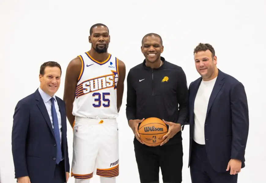 Suns shake up front office, eye bold changes and new head coach 3 (From left) Phoenix Suns owner Mat Ishbia, forward Kevin Durant (35), general manager James Jones and CEO Josh Bartelstein pose for a portrait during media day at Footprint Center.