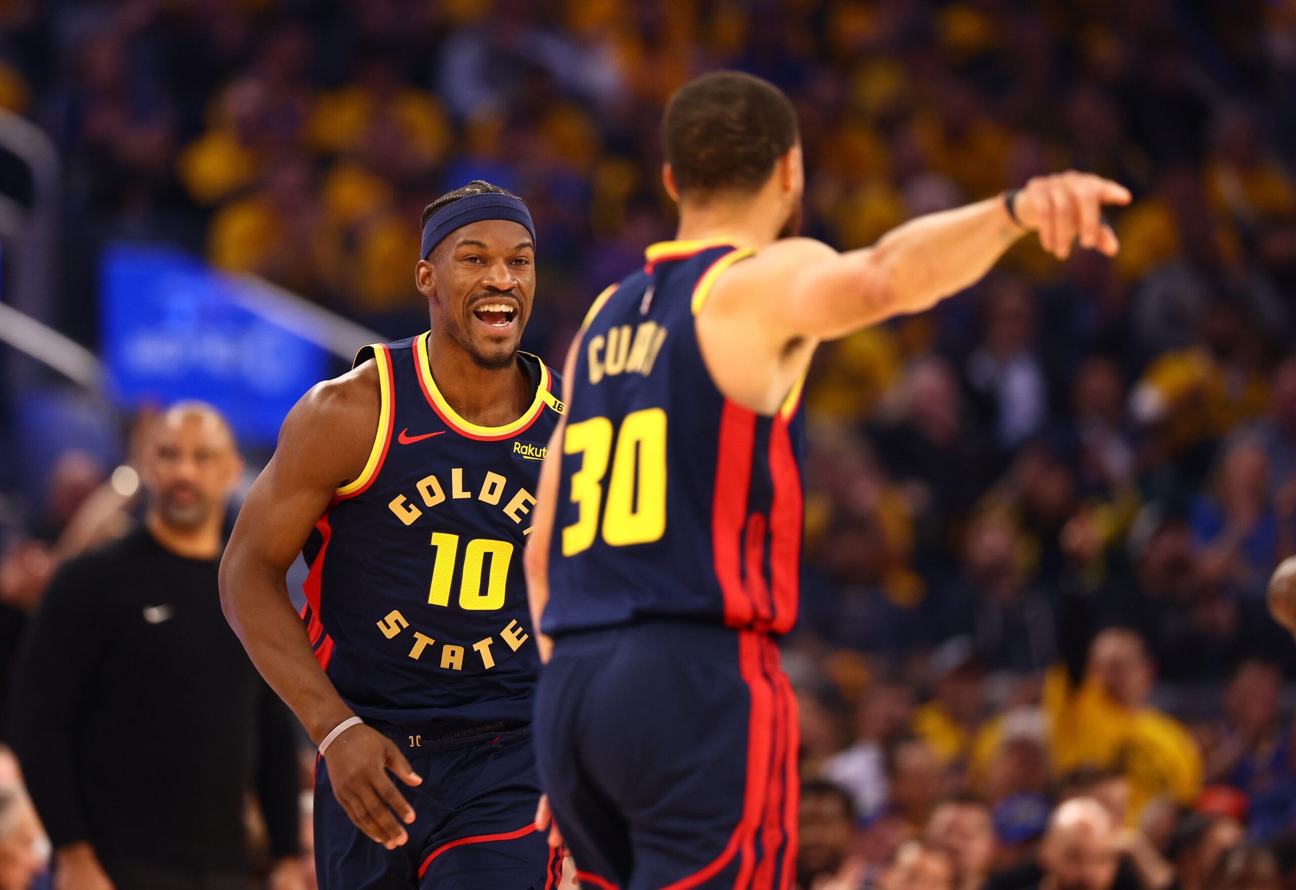 Golden State Warriors: Draymond Green Gets Praised After Huge Game 4 Win vs. Rockets 1 Golden State Warriors forward Jimmy Butler III (10) celebrates towards guard Stephen Curry (30) after a basket against the Houston Rockets during the first quarter of game four of the 2025 NBA Playoffs first round at Chase Center.