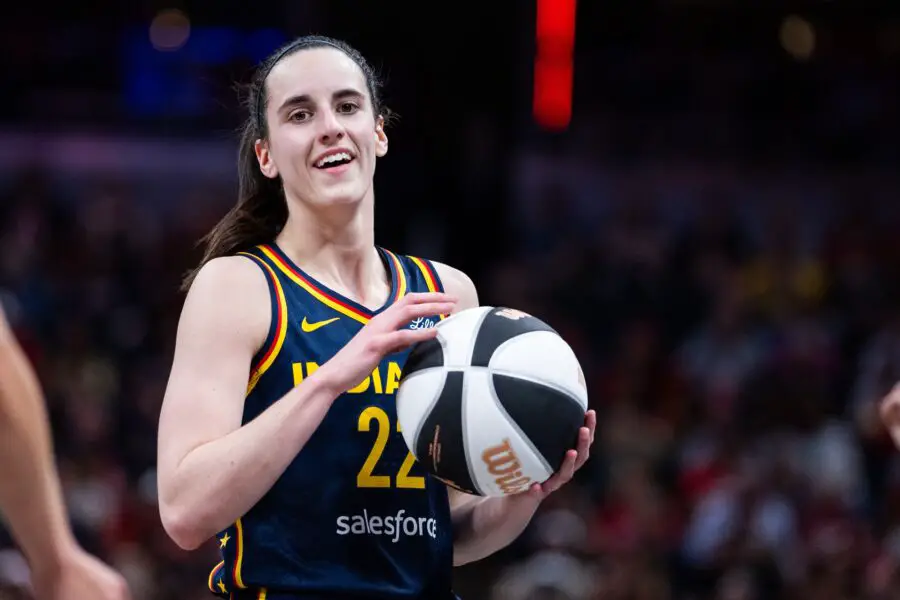 Jun 17, 2025; Indianapolis, Indiana, USA; Indiana Fever guard Caitlin Clark (22) in the first half against the Connecticut Sun at Gainbridge Fieldhouse. Mandatory Credit: Trevor Ruszkowski-Imagn Images